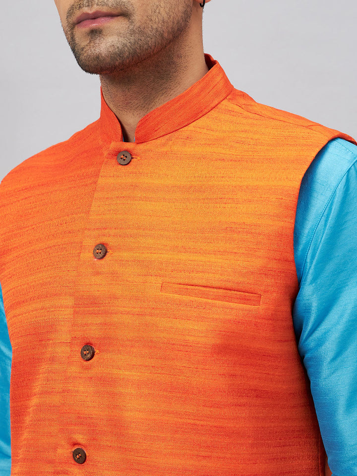 VM BY VASTRAMAY Men's Orange Matka Silk Nehru Jacket With Aqua Blue Silk Blend Kurta and Pyjama Set