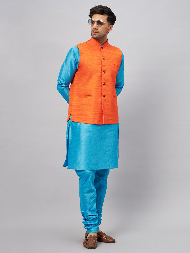 VM BY VASTRAMAY Men's Orange Matka Silk Nehru Jacket With Aqua Blue Silk Blend Kurta and Pyjama Set