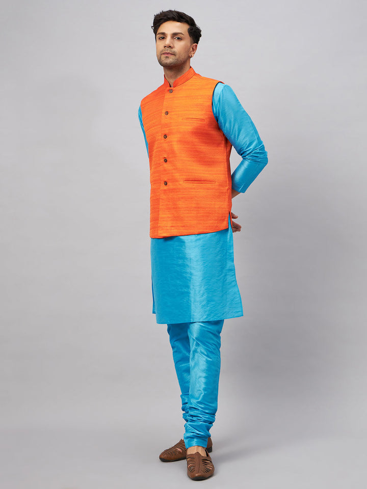 VM BY VASTRAMAY Men's Orange Matka Silk Nehru Jacket With Aqua Blue Silk Blend Kurta and Pyjama Set