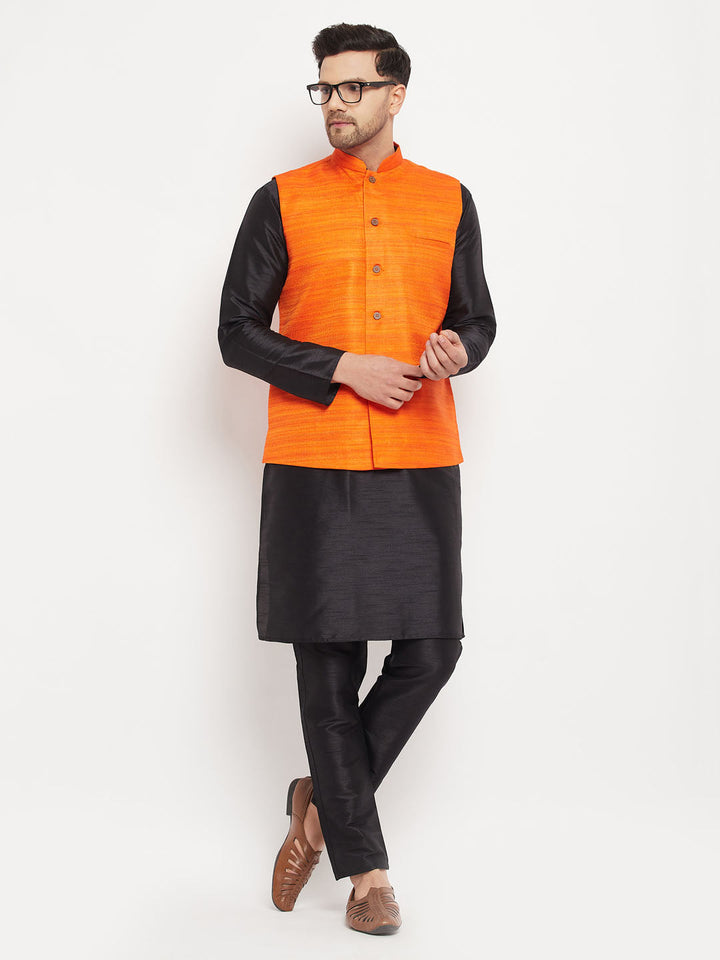 VM BY VASTRAMAY Men's Orange Matka Silk Nehru Jacket With Black Silk Blend Kurta and Pant style Pyjama Set