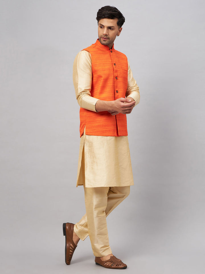 VM BY VASTRAMAY Men's Orange Matka Silk Nehru Jacket With Gold Silk Blend Kurta and Pant style Pyjama Set