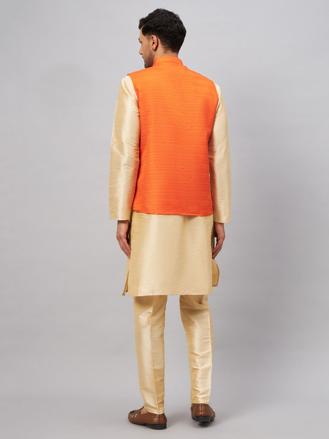 VM BY VASTRAMAY Men's Orange Matka Silk Nehru Jacket With Gold Silk Blend Kurta and Pant style Pyjama Set