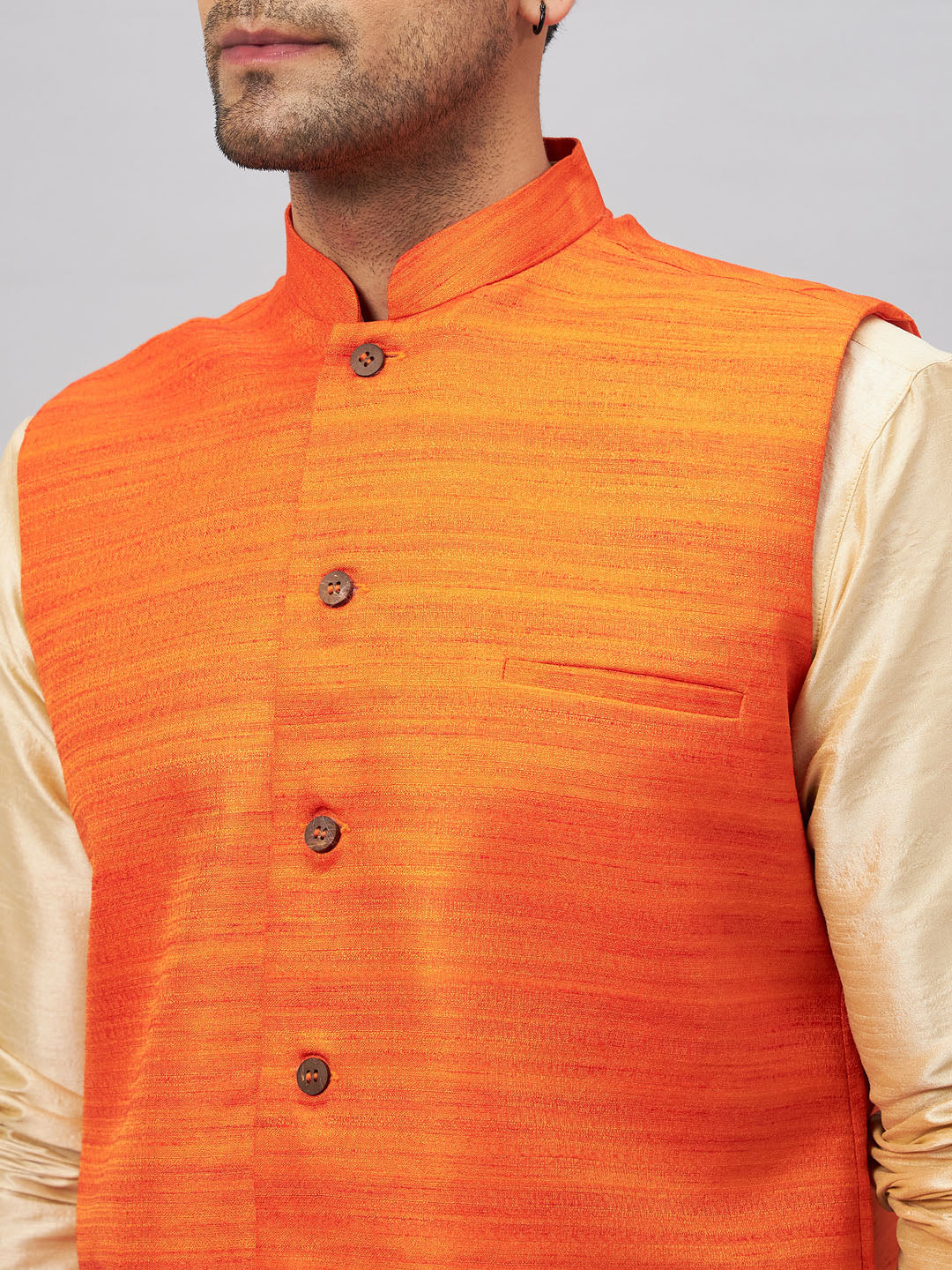 VM BY VASTRAMAY Men's Orange Matka Silk Nehru Jacket With Gold Silk Blend Kurta and Pant style Pyjama Set