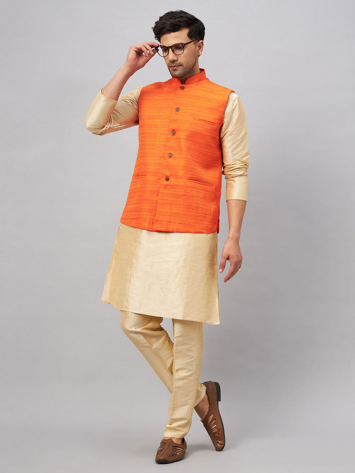 VM BY VASTRAMAY Men's Orange Matka Silk Nehru Jacket With Gold Silk Blend Kurta and Pant style Pyjama Set