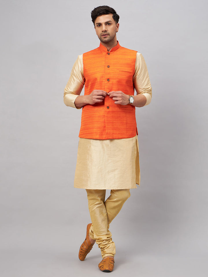 VM BY VASTRAMAY Men's Orange Jacket With Gold Kurta And Pyjama Set