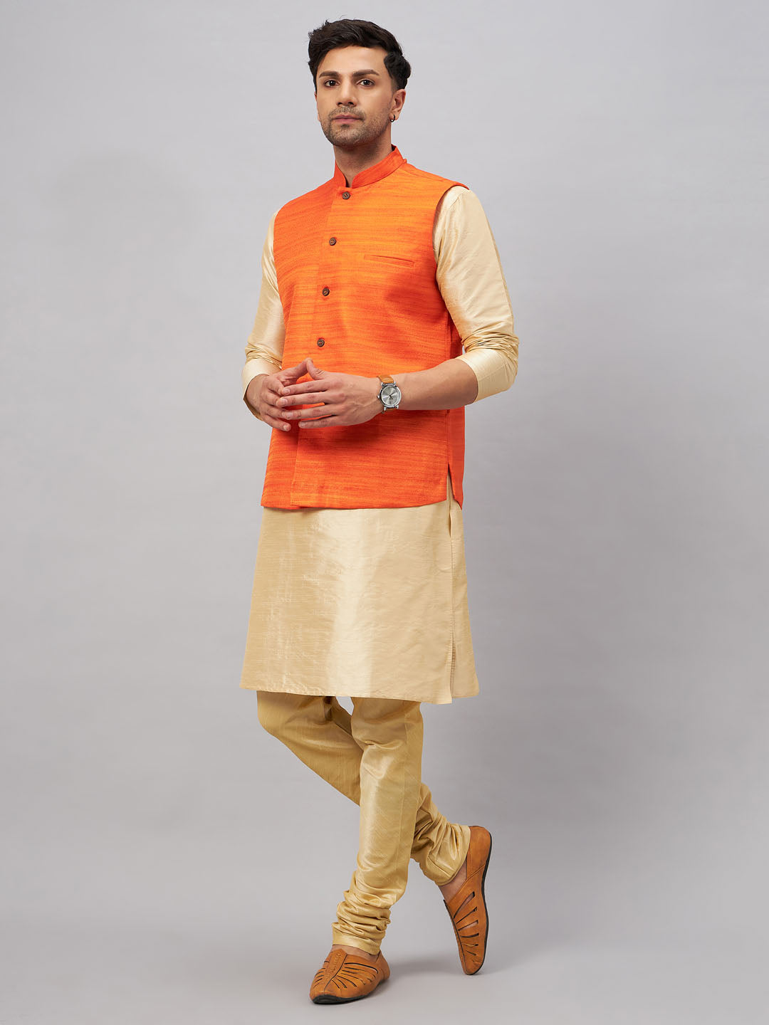 VM BY VASTRAMAY Men's Orange Jacket With Gold Kurta And Pyjama Set