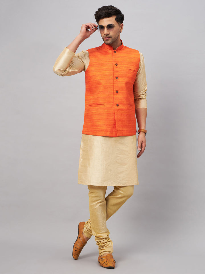 VM BY VASTRAMAY Men's Orange Jacket With Gold Kurta And Pyjama Set