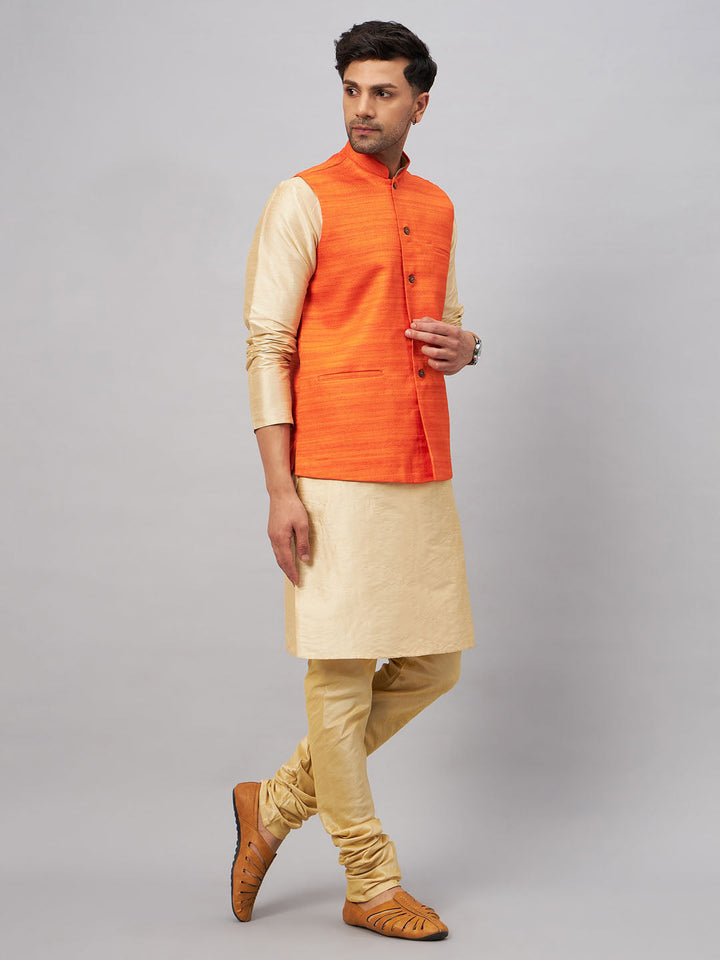 VM BY VASTRAMAY Men's Orange Jacket With Gold Kurta And Pyjama Set