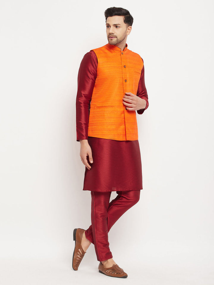 VM BY VASTRAMAY Men's Orange Matka Silk Nehru Jacket With Maroon Silk Blend Kurta and Pant style Pyjama Set