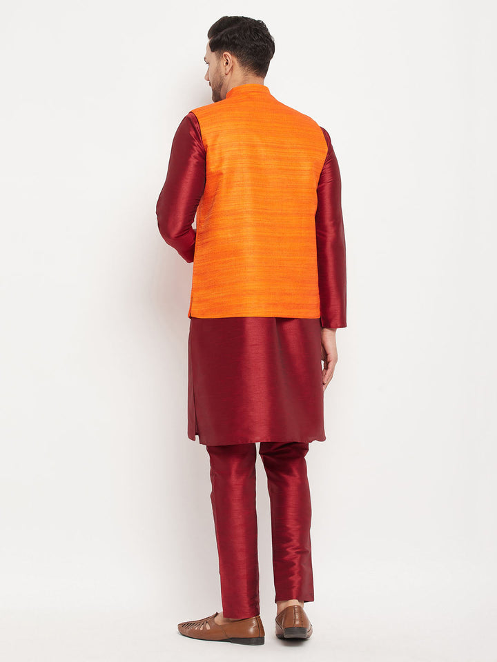 VM BY VASTRAMAY Men's Orange Matka Silk Nehru Jacket With Maroon Silk Blend Kurta and Pant style Pyjama Set