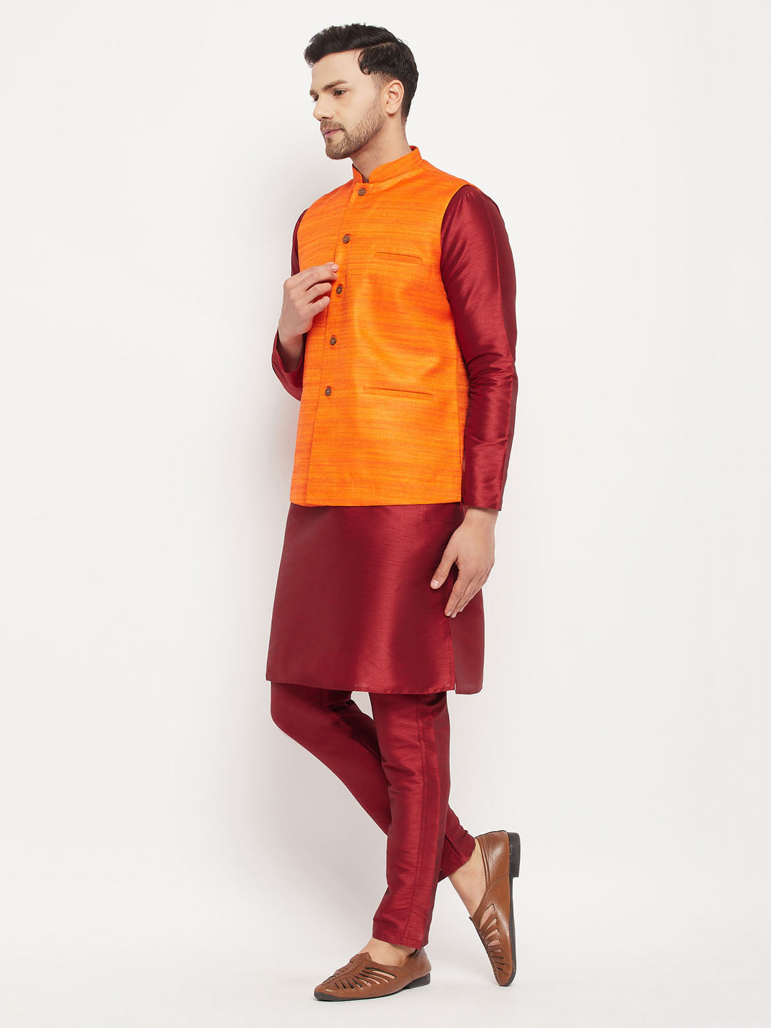 VM BY VASTRAMAY Men's Orange Matka Silk Nehru Jacket With Maroon Silk Blend Kurta and Pant style Pyjama Set