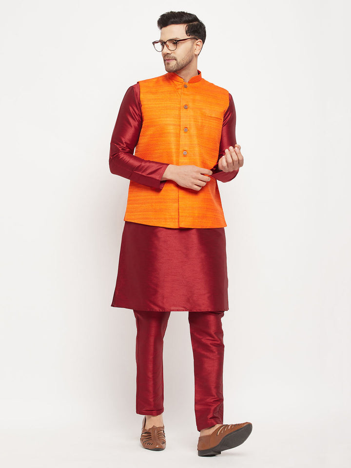 VM BY VASTRAMAY Men's Orange Matka Silk Nehru Jacket With Maroon Silk Blend Kurta and Pant style Pyjama Set