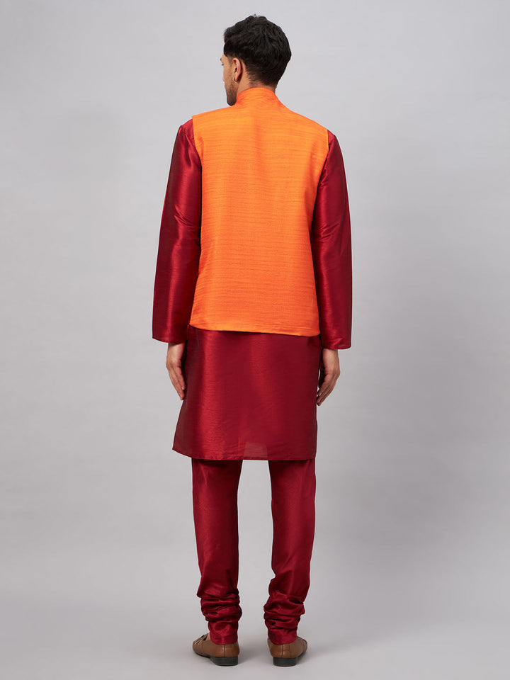 VM BY VASTRAMAY Men's Orange Matka Silk Nehru Jacket With Maroon Silk Blend Kurta Pyjama Set