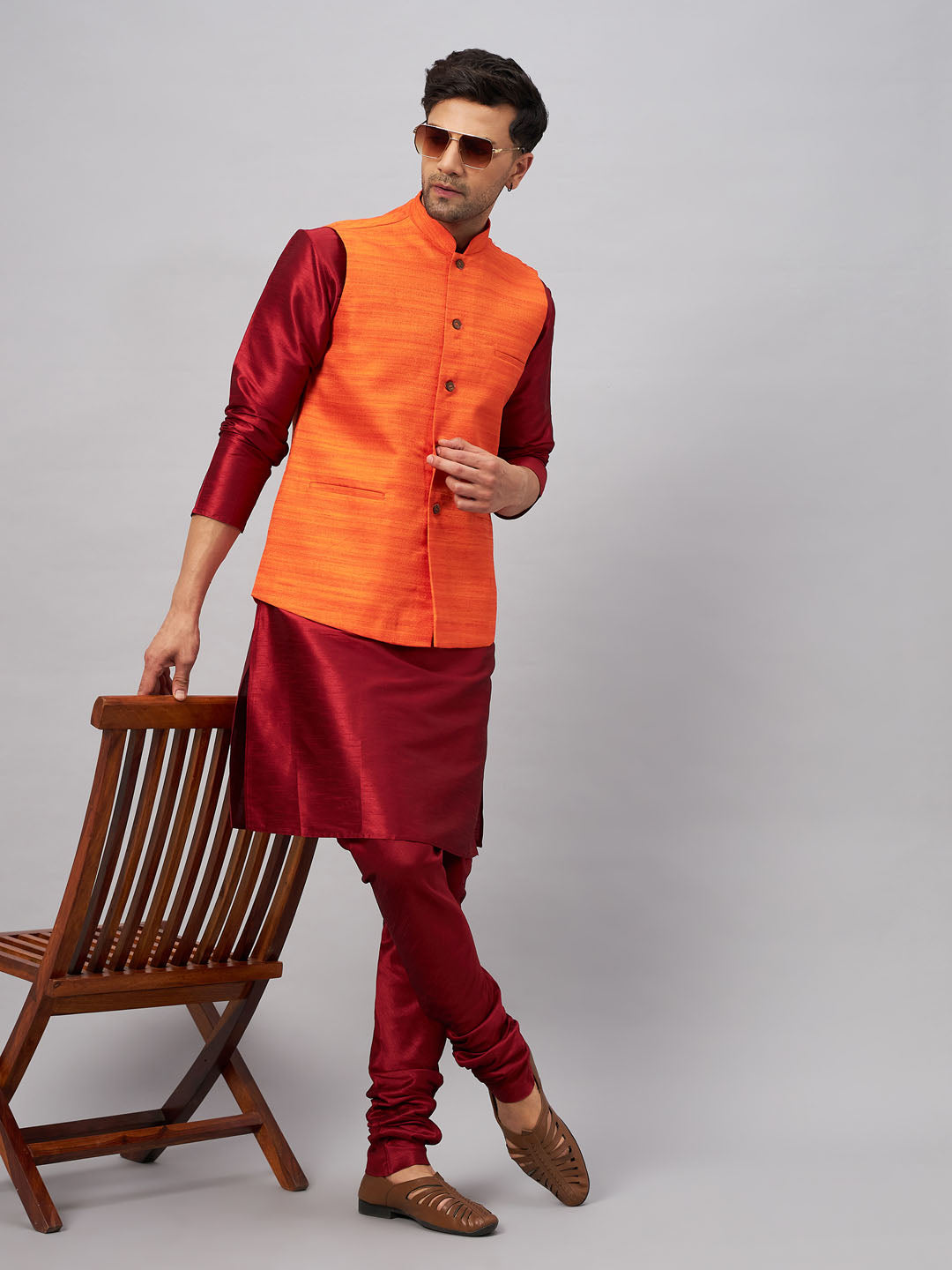 VM BY VASTRAMAY Men's Orange Matka Silk Nehru Jacket With Maroon Silk Blend Kurta Pyjama Set