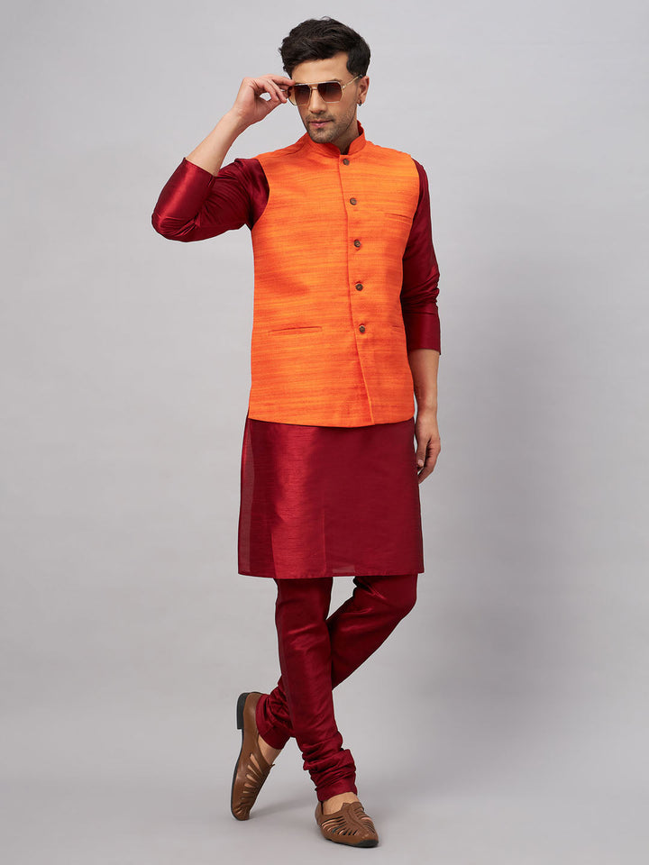 VM BY VASTRAMAY Men's Orange Matka Silk Nehru Jacket With Maroon Silk Blend Kurta Pyjama Set