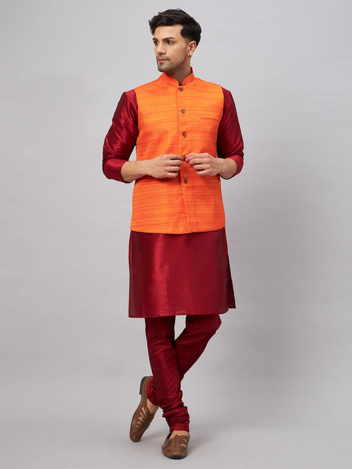 VM BY VASTRAMAY Men's Orange Matka Silk Nehru Jacket With Maroon Silk Blend Kurta Pyjama Set