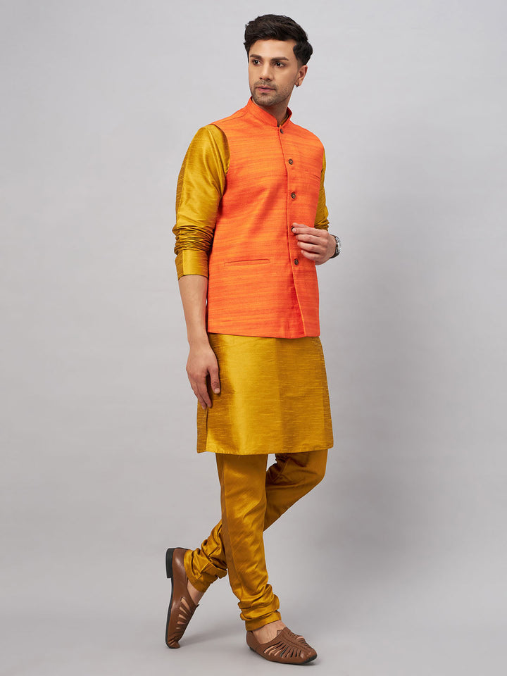 VM BY VASTRAMAY Men's Orange Jacket With Mustard Kurta And Pyjama Set