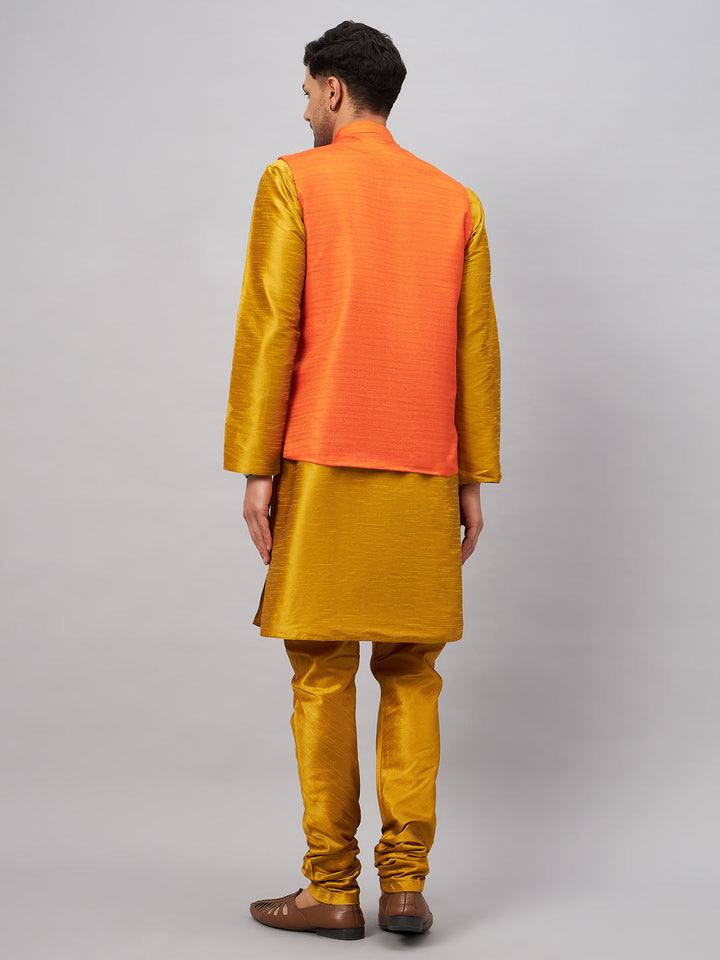 VM BY VASTRAMAY Men's Orange Jacket With Mustard Kurta And Pyjama Set