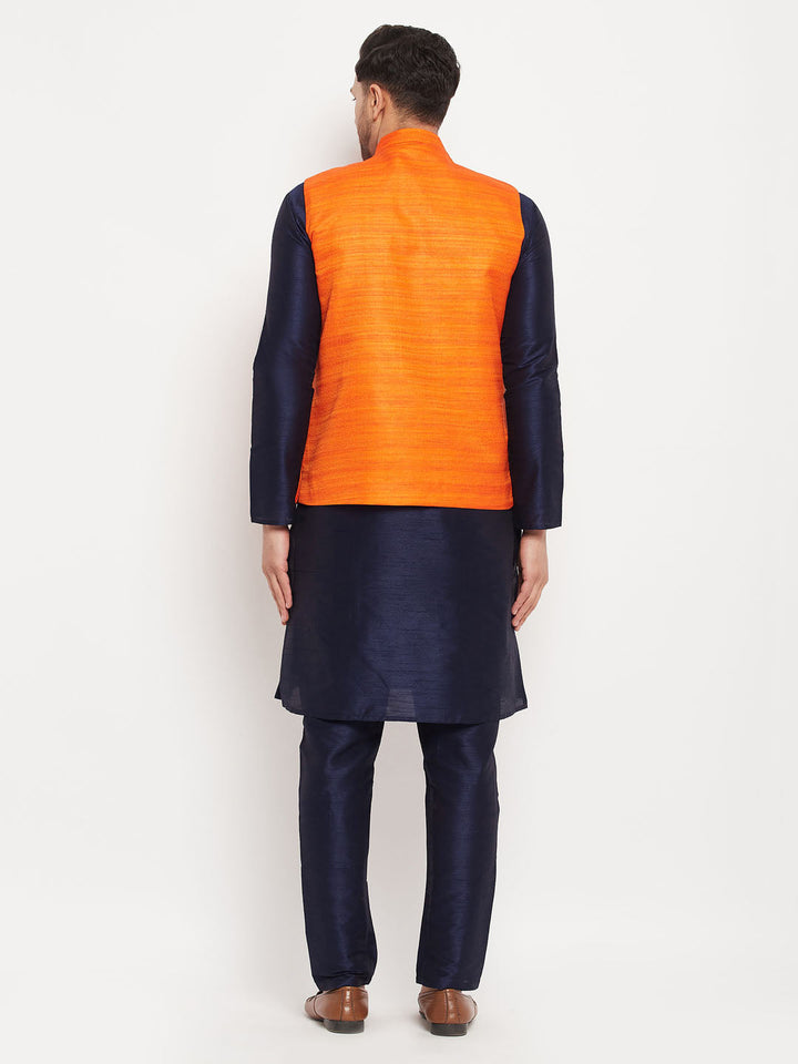 VM BY VASTRAMAY Men's Orange Matka Silk Nehru Jacket With Navy Blue Silk Blend Kurta and Pant style Pyjama Set