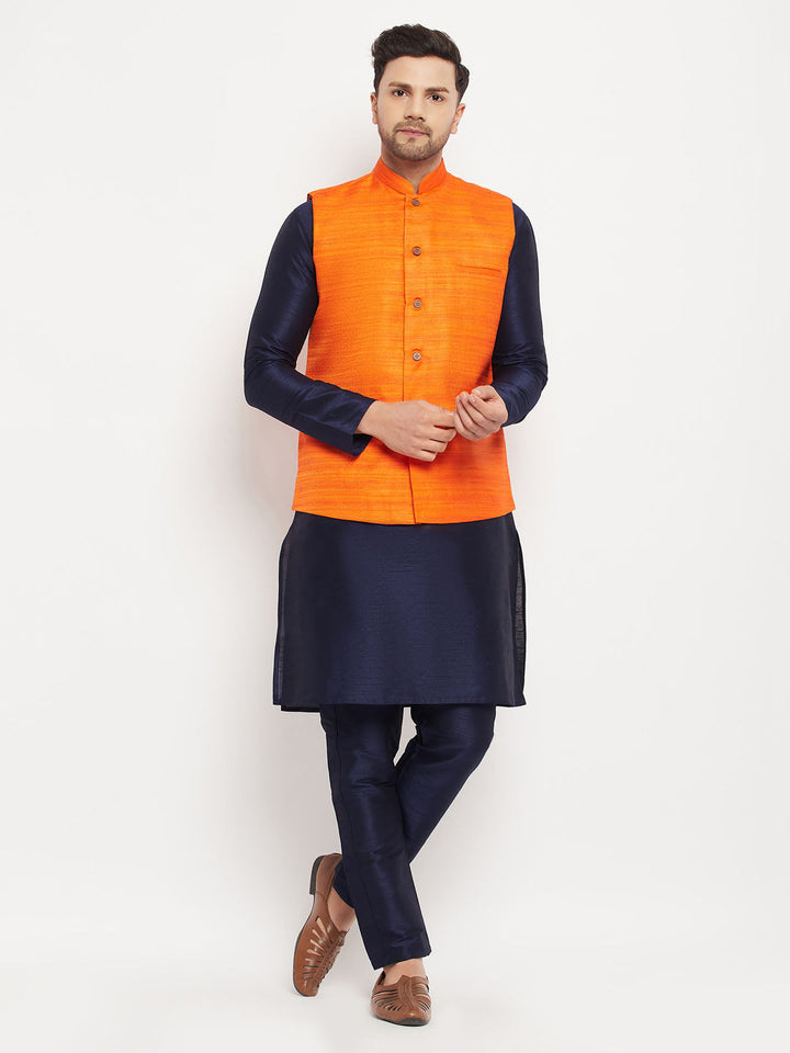 VM BY VASTRAMAY Men's Orange Matka Silk Nehru Jacket With Navy Blue Silk Blend Kurta and Pant style Pyjama Set