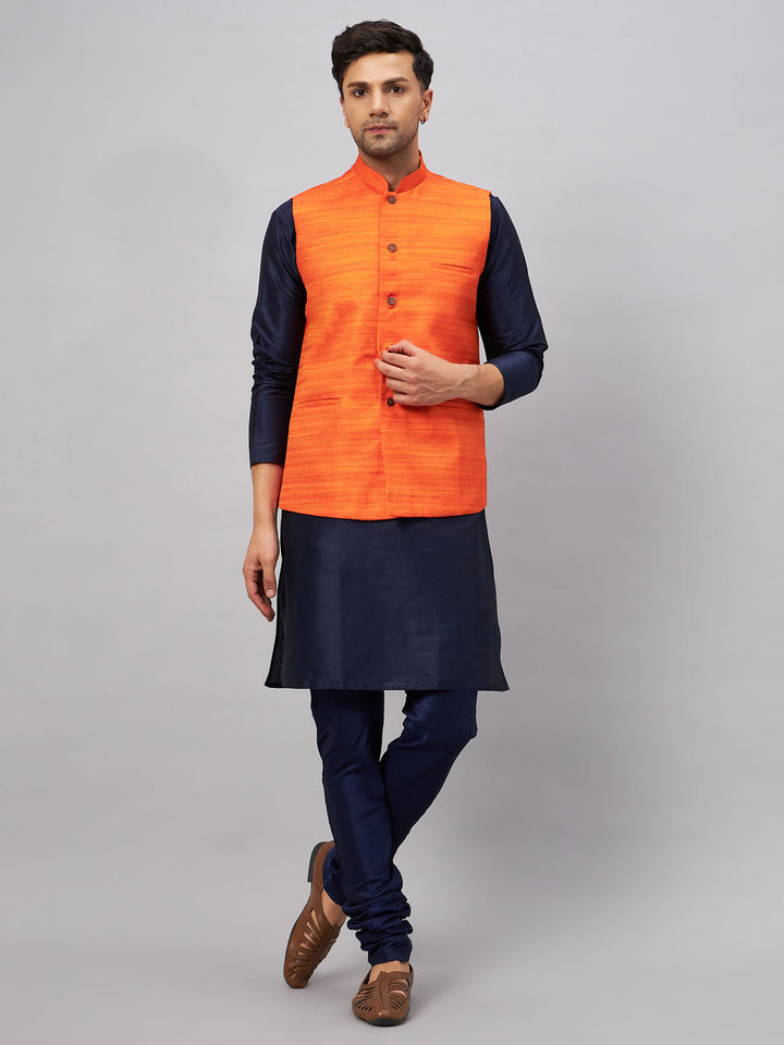 VM BY VASTRAMAY Men's Orange Jacket With Navy Blue Kurta And Pyjama Set