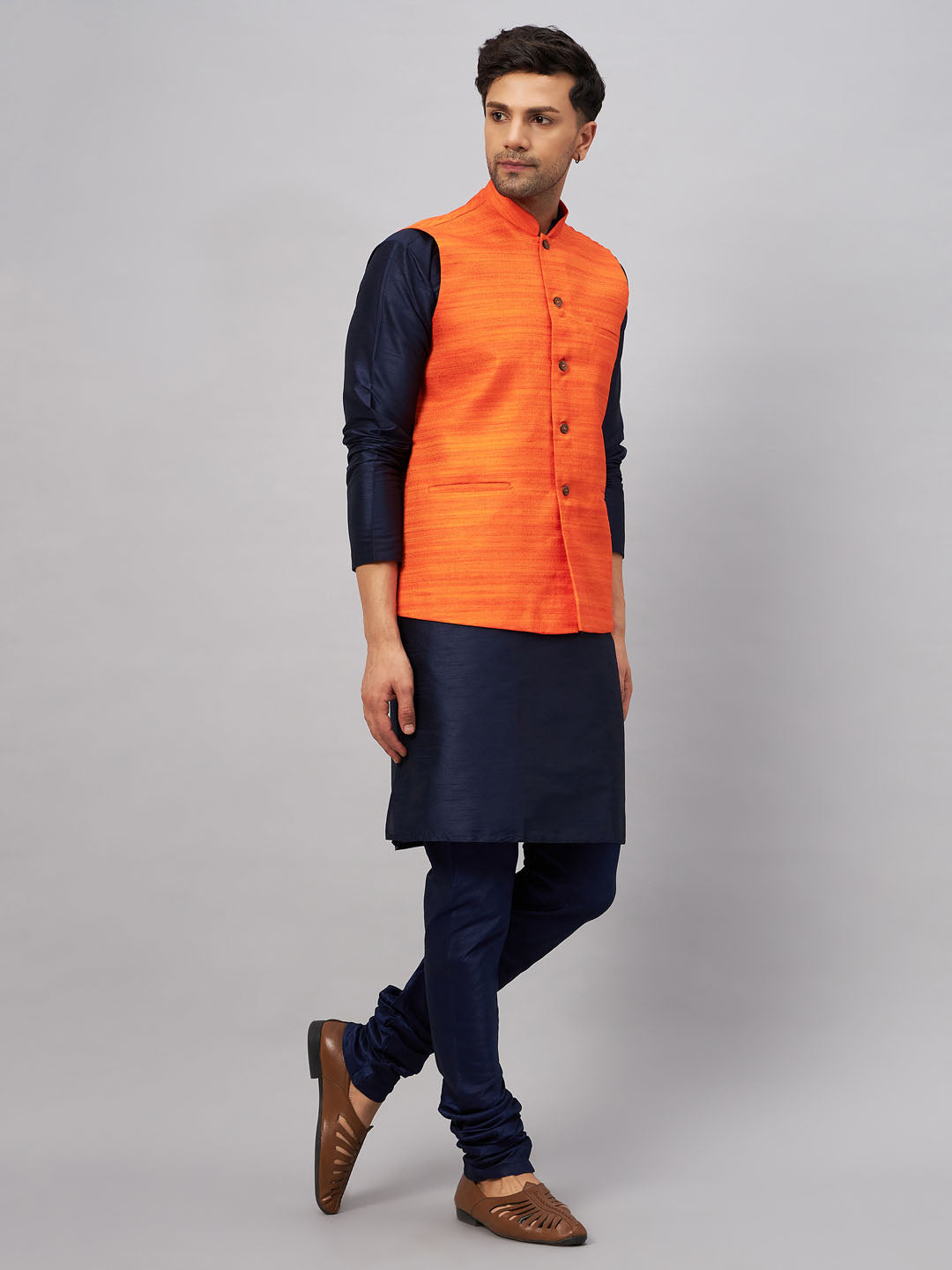 VM BY VASTRAMAY Men's Orange Jacket With Navy Blue Kurta And Pyjama Set