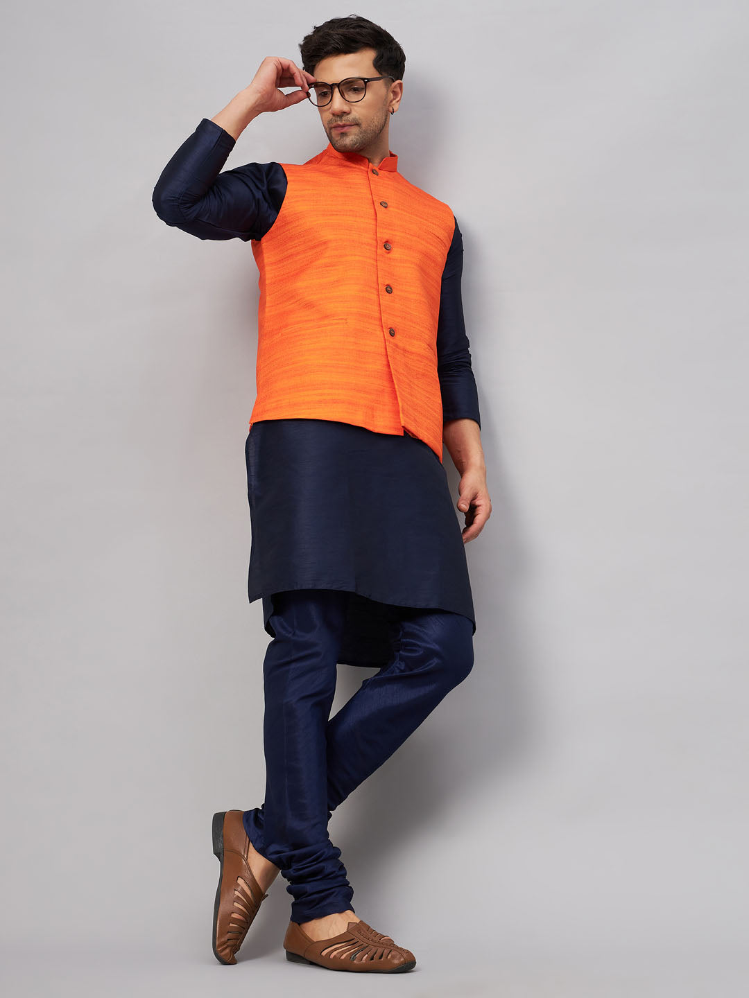 VM BY VASTRAMAY Men's Orange Jacket With Navy Blue Kurta And Pyjama Set