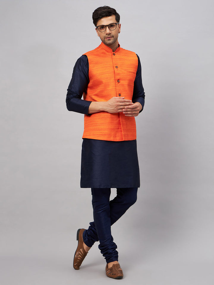 VM BY VASTRAMAY Men's Orange Jacket With Navy Blue Kurta And Pyjama Set