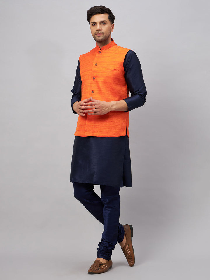 VM BY VASTRAMAY Men's Orange Jacket With Navy Blue Kurta And Pyjama Set