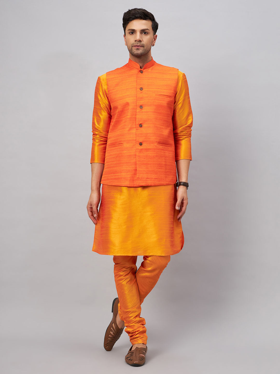 VM BY VASTRAMAY Men's Orange Jacket With Kurta And Pyjama Set