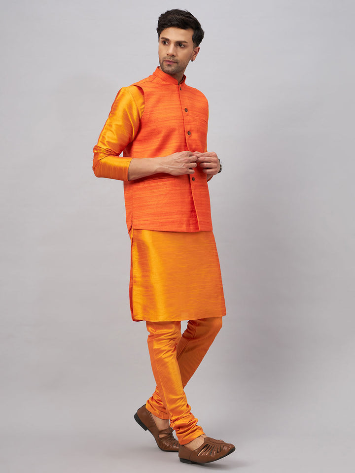 VM BY VASTRAMAY Men's Orange Jacket With Kurta And Pyjama Set