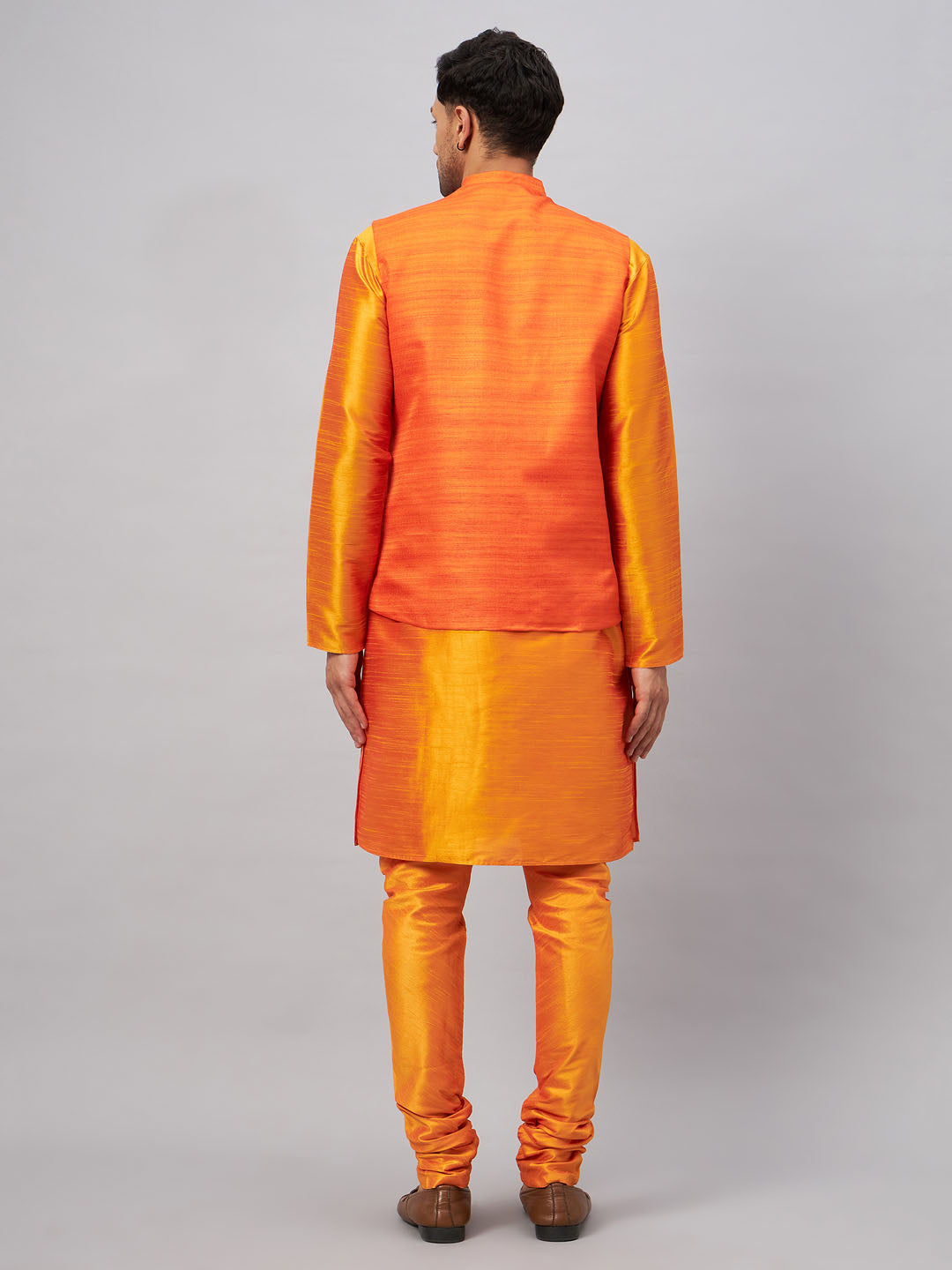 VM BY VASTRAMAY Men's Orange Jacket With Kurta And Pyjama Set