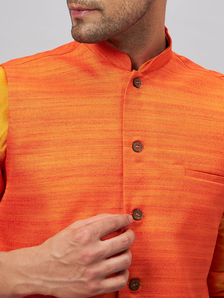 VM BY VASTRAMAY Men's Orange Jacket With Kurta And Pyjama Set