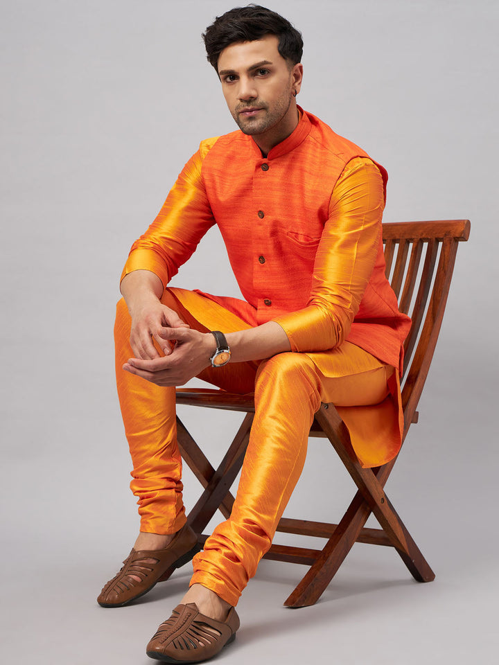 VM BY VASTRAMAY Men's Orange Jacket With Kurta And Pyjama Set