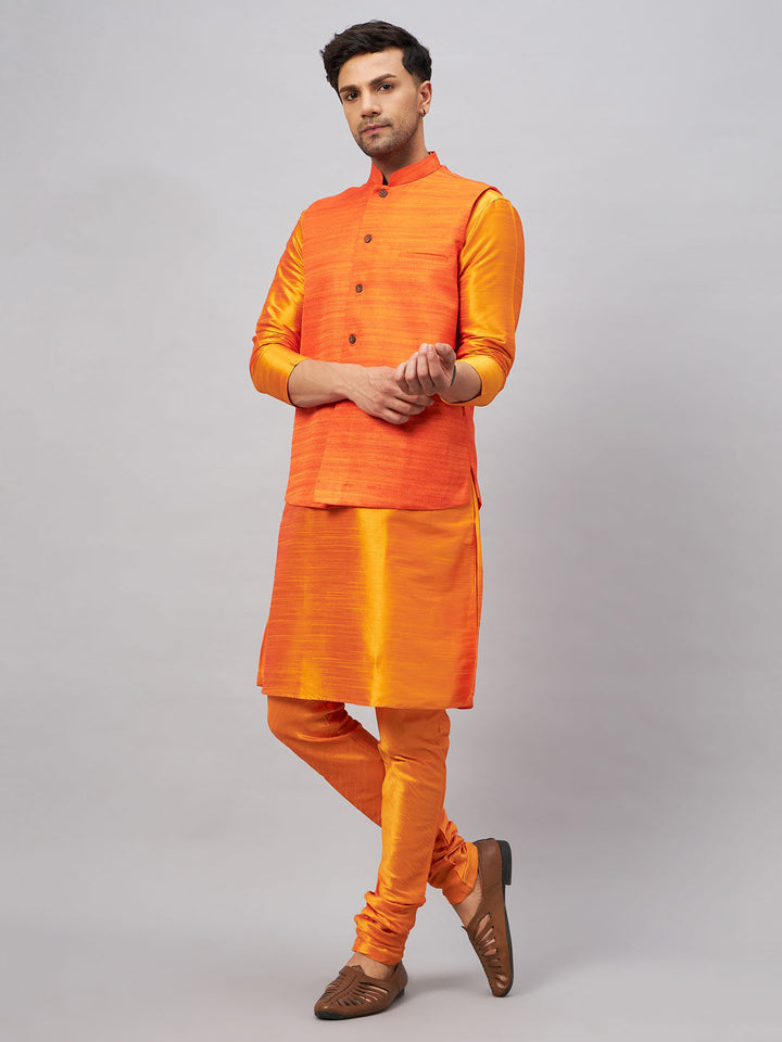 VM BY VASTRAMAY Men's Orange Jacket With Kurta And Pyjama Set