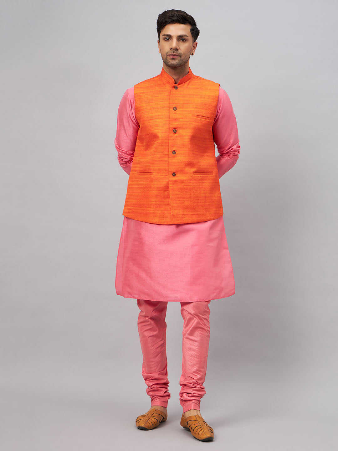 VM BY VASTRAMAY Men's Orange Jacket With Pink Kurta And Pyjama Set