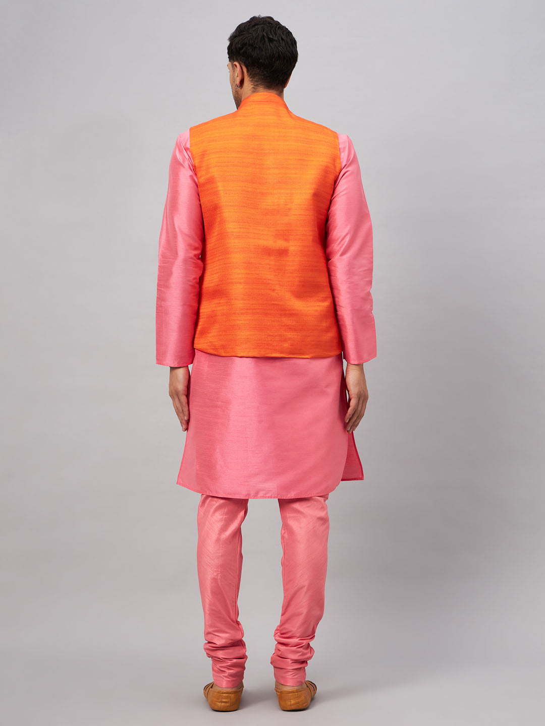 VM BY VASTRAMAY Men's Orange Jacket With Pink Kurta And Pyjama Set