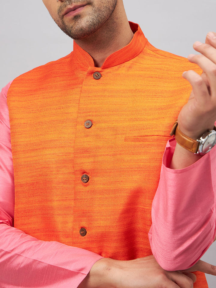 VM BY VASTRAMAY Men's Orange Jacket With Pink Kurta And Pyjama Set