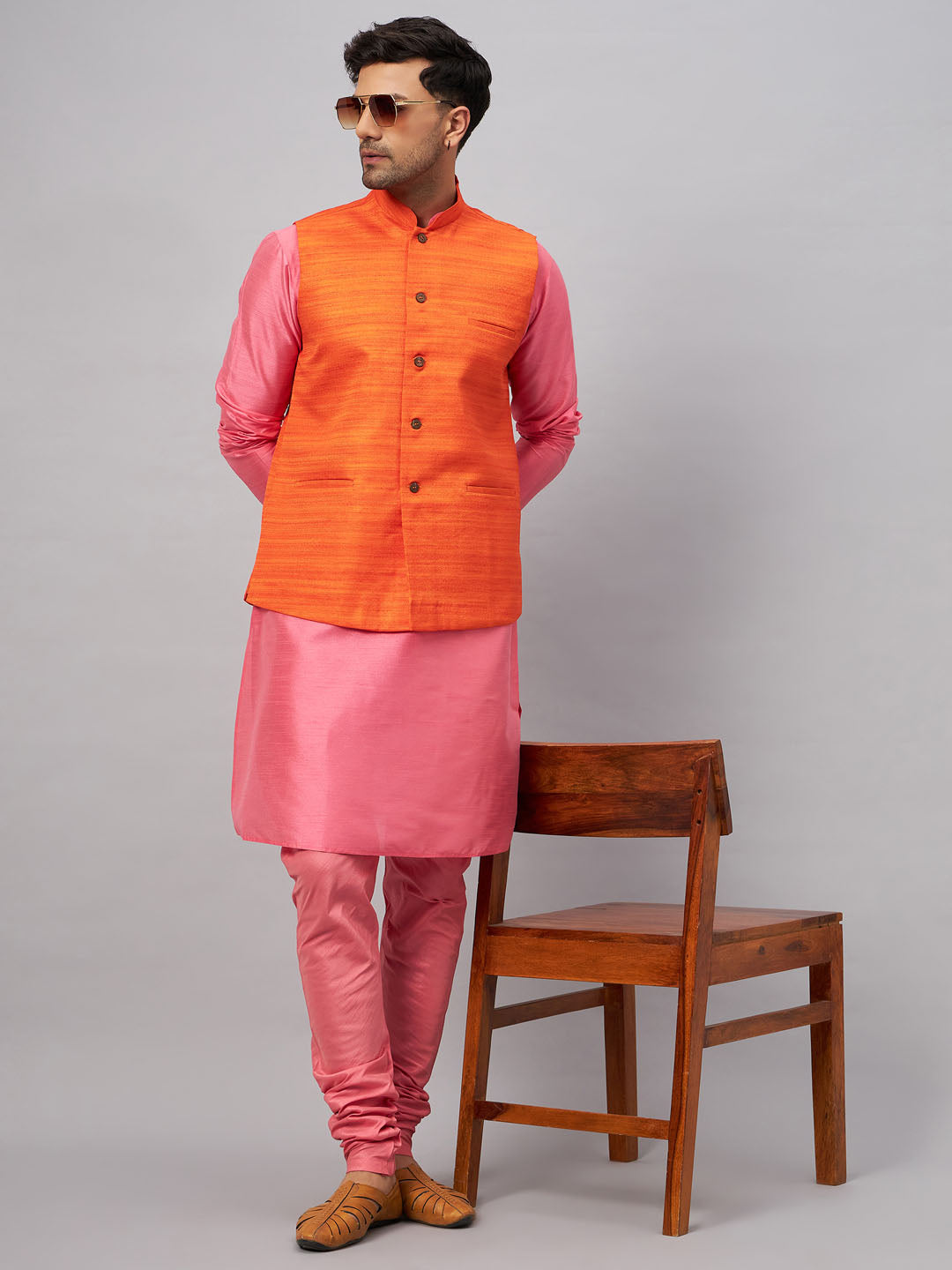 VM BY VASTRAMAY Men's Orange Jacket With Pink Kurta And Pyjama Set