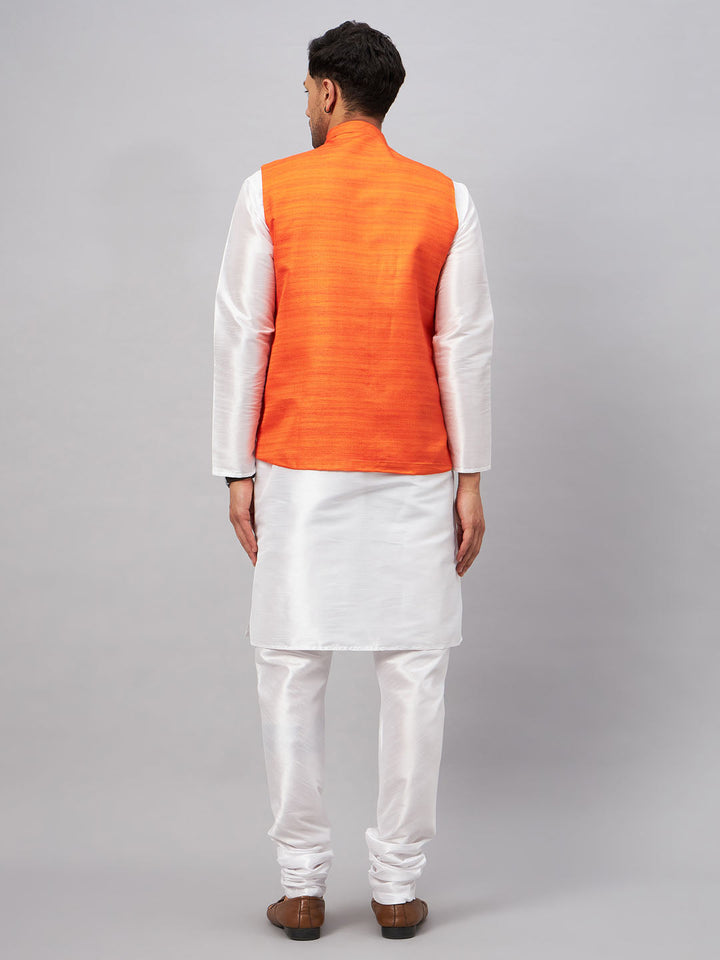 VM BY VASTRAMAY Men's Orange Matka Silk Nehru Jacket With White Silk Blend Kurta Pyjama Set