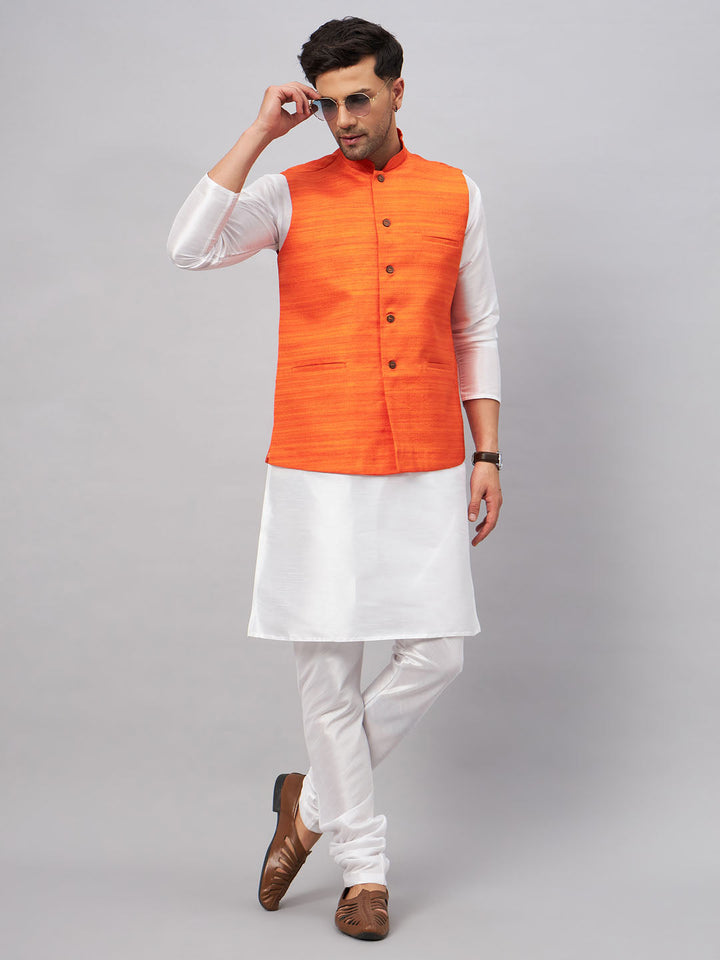 VM BY VASTRAMAY Men's Orange Matka Silk Nehru Jacket With White Silk Blend Kurta Pyjama Set