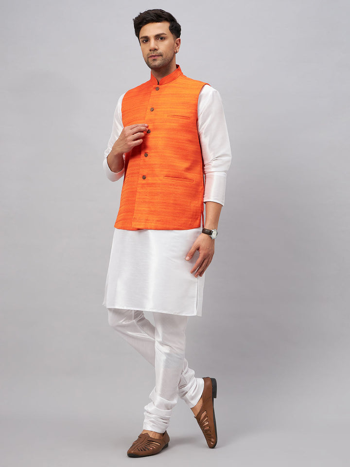 VM BY VASTRAMAY Men's Orange Matka Silk Nehru Jacket With White Silk Blend Kurta Pyjama Set