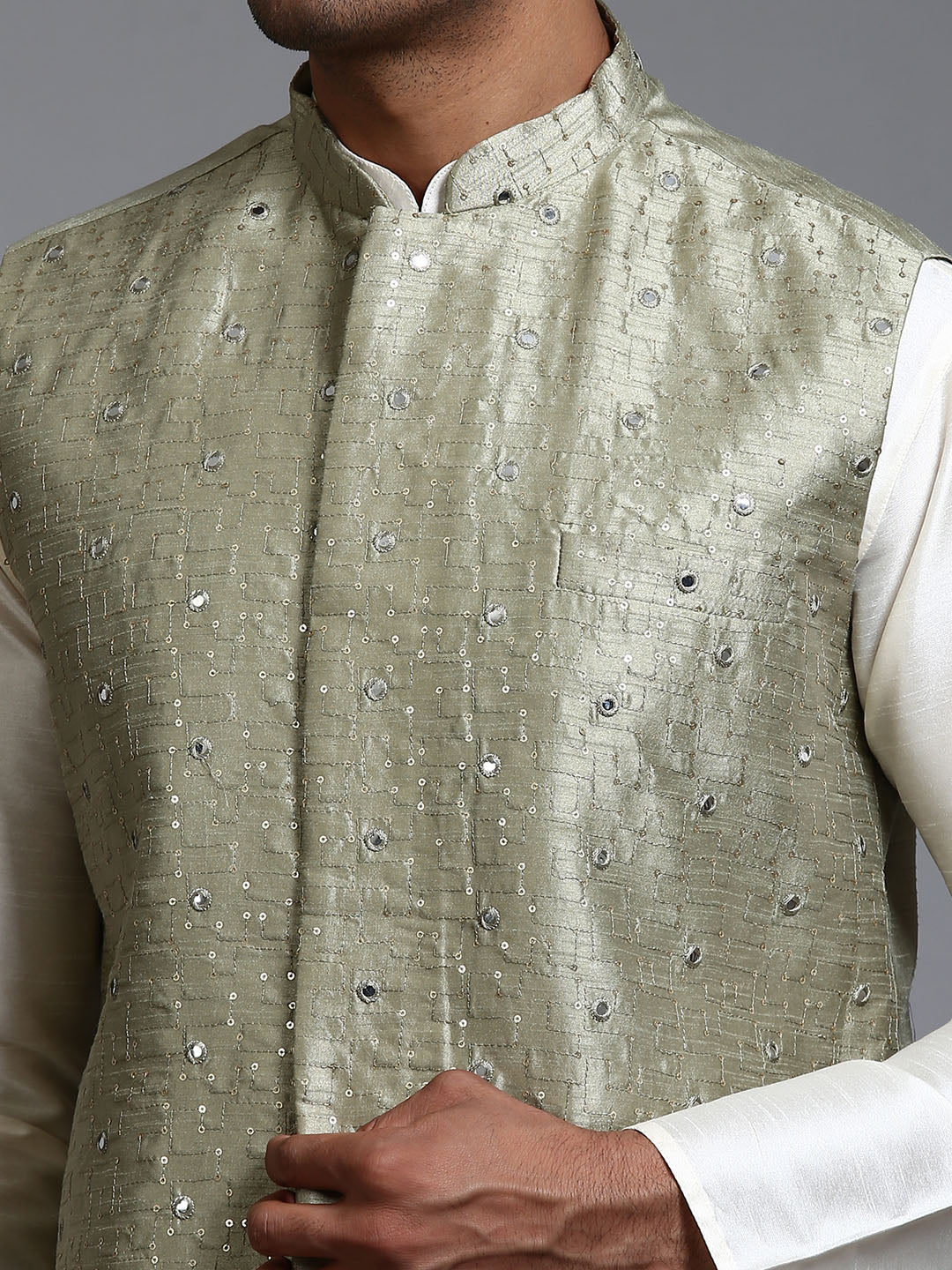 VM BY VASTRAMAY Men's Mehndi Green Embellished Jacket