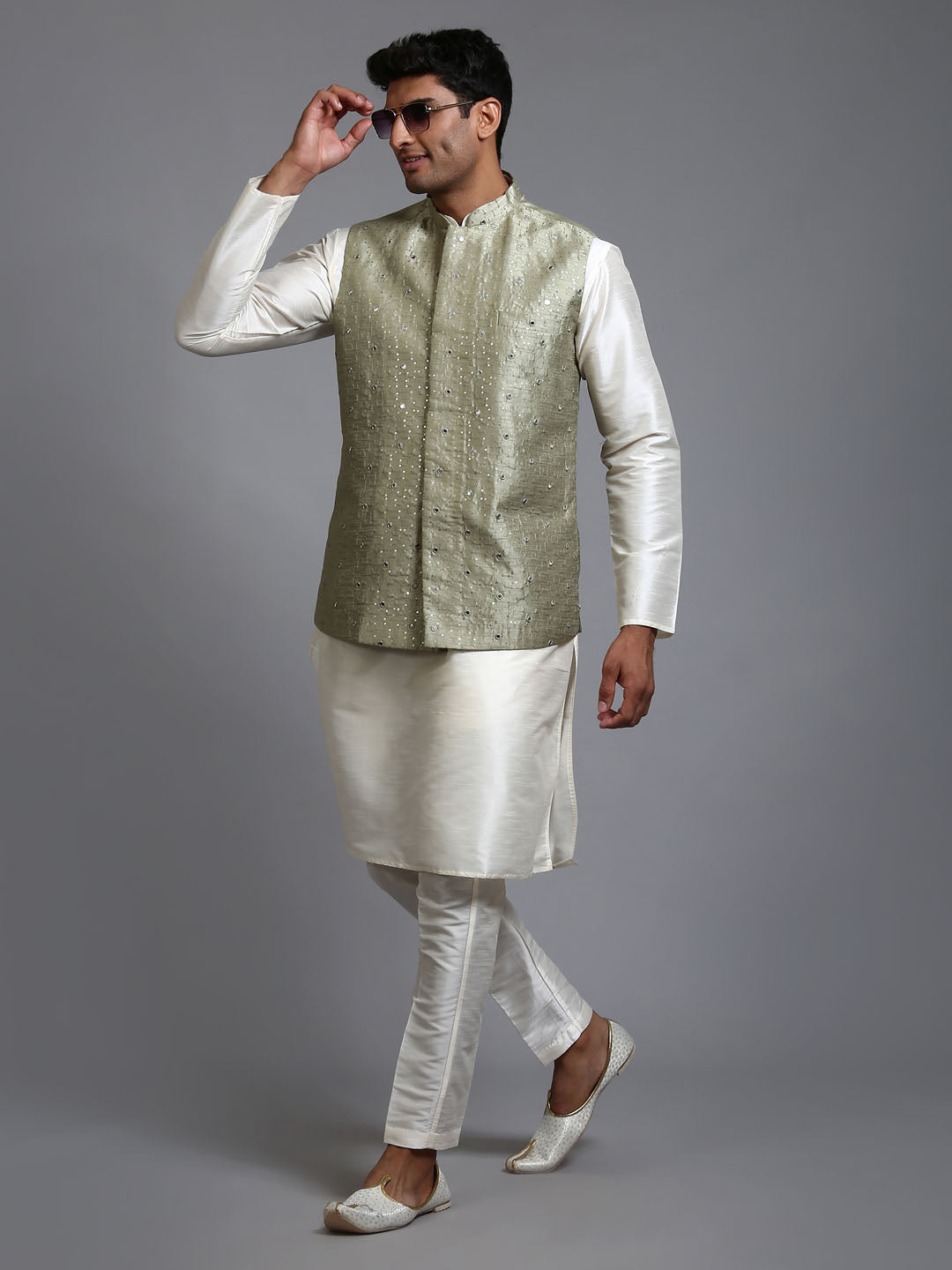 Men's Mehndi Green Embellished Jacket With Cream Kurta Pant Set