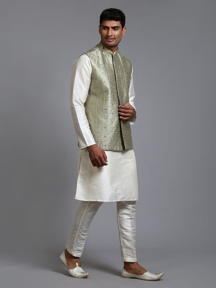 VM BY VASTRAMAY Men's Mehndi Green Embellished Jacket with Cream Kurta Pant Set