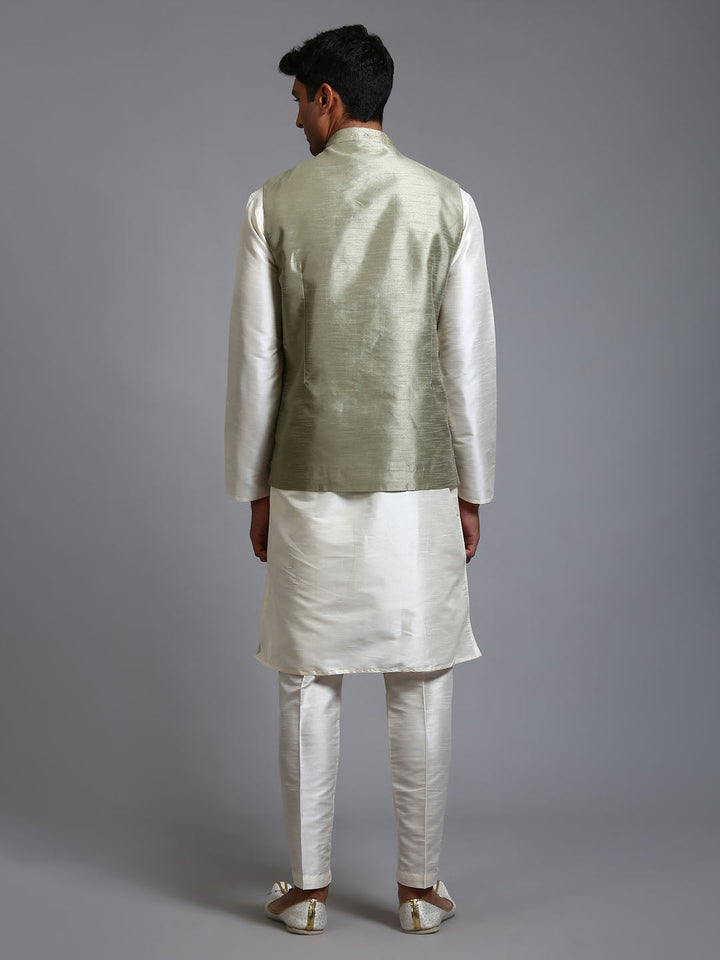 VM BY VASTRAMAY Men's Mehndi Green Embellished Jacket with Cream Kurta Pant Set