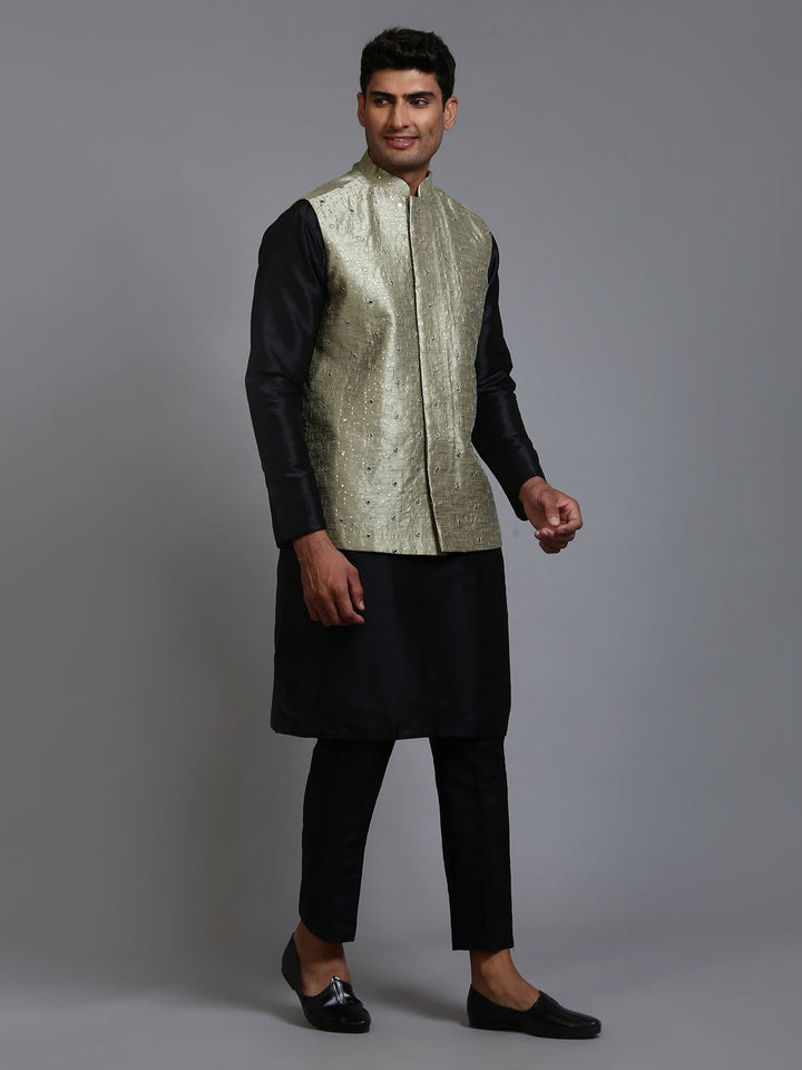 VM BY VASTRAMAY Men's Mehndi Green Embellished Jacket with Black Kurta Pant Set