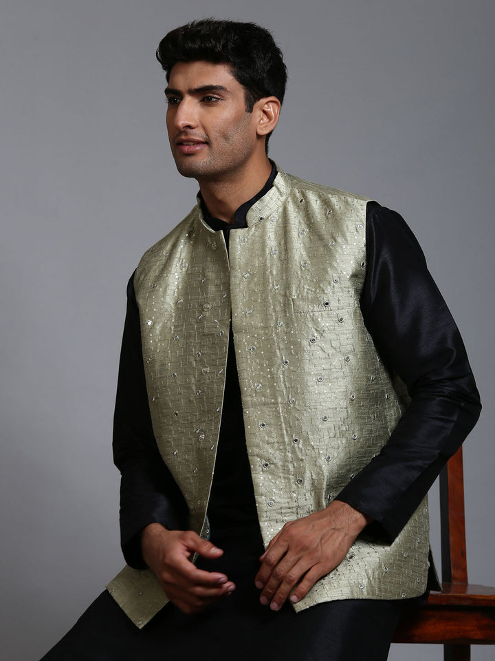 VM BY VASTRAMAY Men's Mehndi Green Embellished Jacket with Black Kurta Pant Set