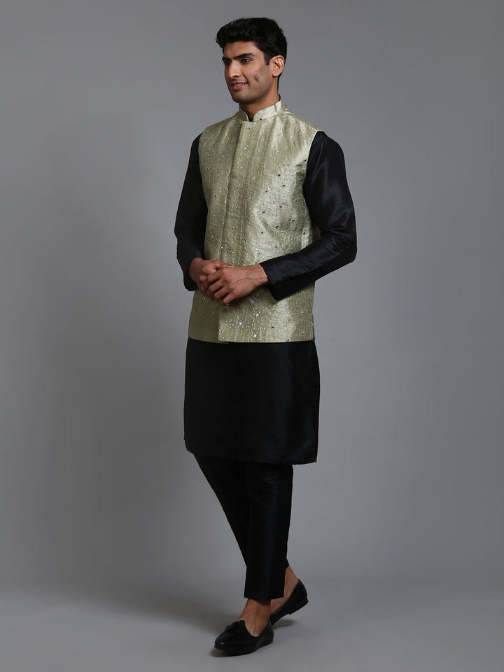 VM BY VASTRAMAY Men's Mehndi Green Embellished Jacket with Black Kurta Pant Set