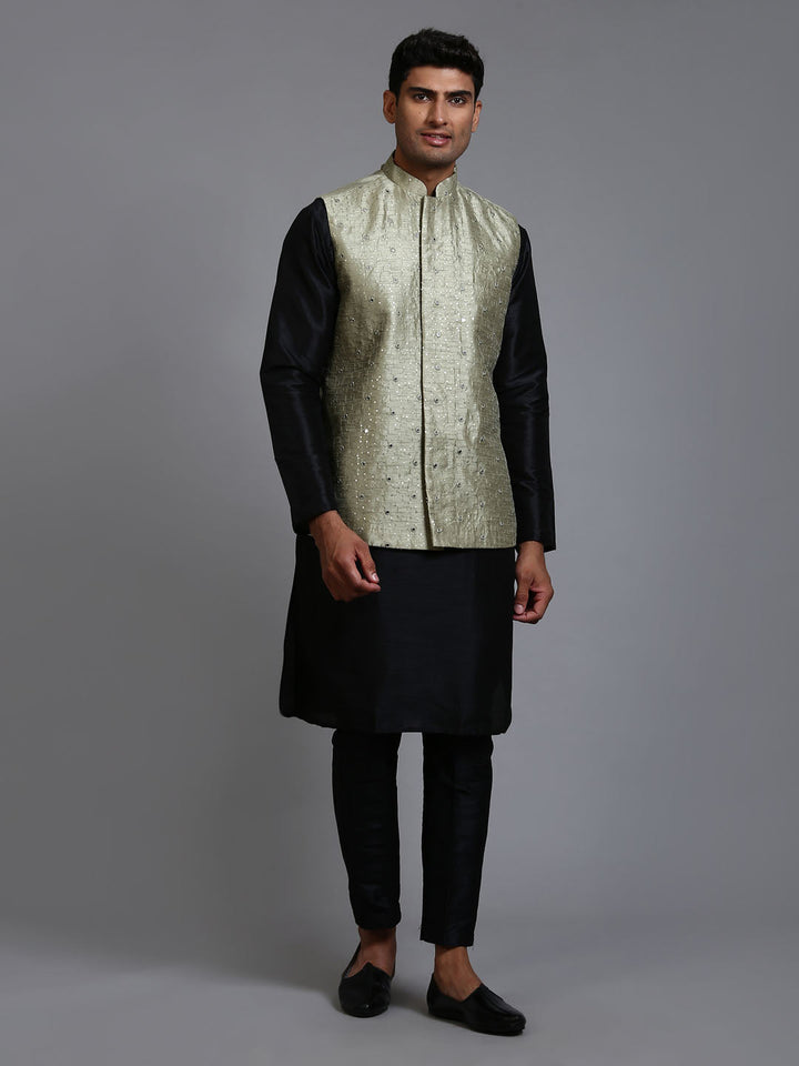 VM BY VASTRAMAY Men's Mehndi Green Embellished Jacket with Black Kurta Pant Set